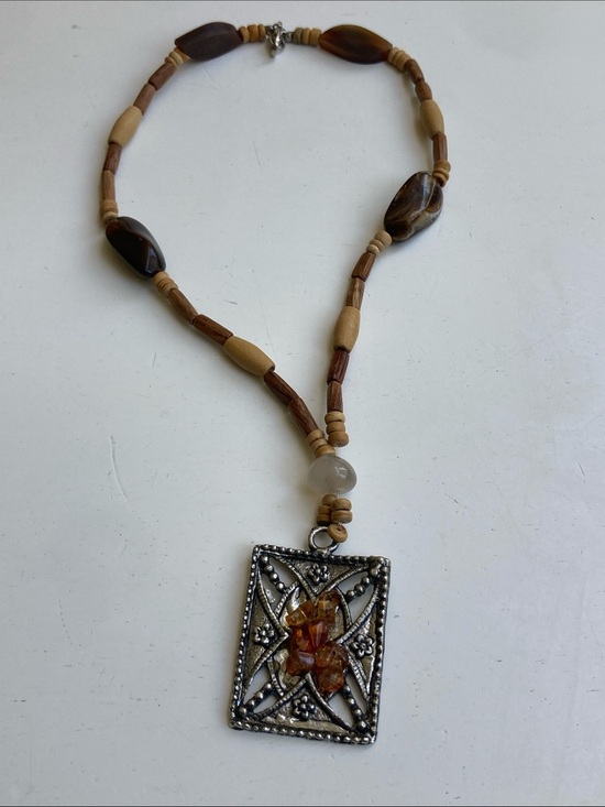 Source Unknown Jewelry - Beaded Brown and Amber Silver Pendant Necklace